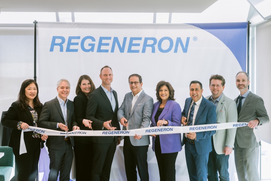 Taking part in the opening ceremonies for the new Regeneron Canada office in Mississauga, Ontario, on January 21, 2025, were, from left: Hazel Kwan, Senior Market Access Manager, Regeneron Canada; Bradley Harker, Principal Commercial Officer, US Embassy and Consulates in Canada; Jayne Paterson, Country Manager (Oncology), Regeneron Canada; Justin Holko, Senior Vice President, Global Oncology/Hematology Commercial Business Unit, Regeneron; Acher Elfassy, Country Manager (Immunology), Regeneron Canada; Nina Tangri, Associate Minister of Small Business and MPP Mississauga - Streetsville ; Deepak Anand, MPP for Mississauga – Malton; Brett McDermott, Director of Government and Stakeholder Relations, Mississauga Board of Trade; John-Paul Marino, Director, Market Access, Regeneron Canada. (CNW Group/Regeneron Canada)